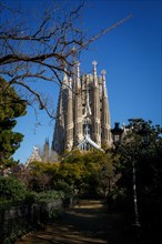 Barcelona, Spain - January 25, 2022: Construction of Sagrada Familia in Barcelona. Cranes above the church