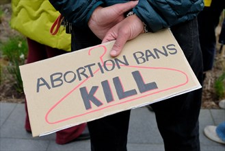 London, UK, 3rd May, 2022. Women's pro-choice campaigners gathered outside the American Embassy in Vauxhall following the leak of the U.S. Supreme Court draft opinion to overturn abortion rights. The ...
