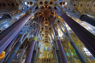 Interior of the Basilica de la Sagrada Familia cathedral in Barcelona, Spain