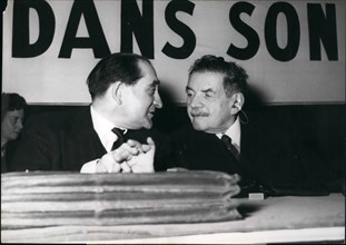 Jan. 01, 1956 - Radicals Hold Meeting: The Execitove Committee of the radical party held a meeting at the Salle Pleyel Paris, today. Mendes - France (Left) in conversation with Edouard Herriot.