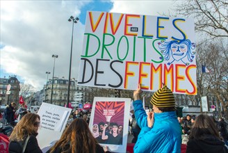 Paris, France, Divers French N.G.O.'s Groups, Feminist Demonstration in Honor of 40th Anniversary of Abortion Law Legalization,,Holding French protest poster "Long Live WOmen's Rights" pro abortion ra...