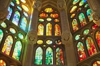 Spain, Barcelona, Sagrada Familia, coloured glass window,
