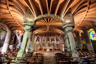 Interior of the Church of Colonia Guell, built by Antoni Gaudi, in Santa Coloma de Cervello, Spain.