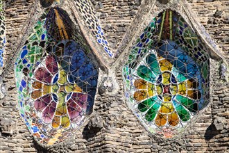 Stained glass windows of the Colonia Guell Church, built by Antoni Gaudi, in Santa Coloma de Cervello, Spain.