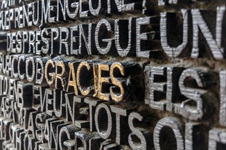 Detail with word Gracies (Thanks in catalan) on the bronze door of Passion facade of Sagrada Familia in Barcelona. The gospel doors contain text from