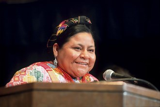 Georgetown, Texas USA, Feb. 4 1999: Guatemalan Nobel Peace Prize winner Rigoberta Menchu Tum at human rights symposium hosted by Southwestern University. ©Bob Daemmrich