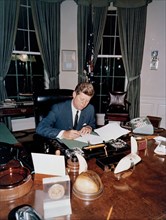 18 October 1962
Proclamation signing, Interdiction of the Delivery of Offensive Weapons to Cuba, 7:05PM

Please Credit. "Robert Knudsen. White House Photographs. John F. Kennedy Presidential LIbrary a...