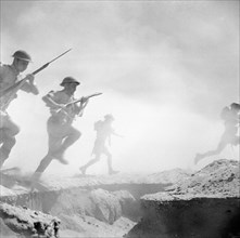 British troops fighting in the North African desert at the battle of El Alamein in Egypt