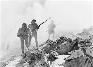 Australian troops fighting in the North African desert at the battle of El Alamein in Egypt