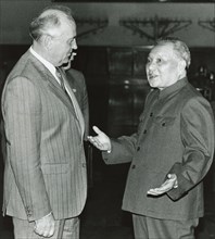 Former Chinese leader Deng Xiaoping greets former leader of the Soviet Union Mikhail Gorbachev in the Great Hall of the People in May 1989. Their meeting is considered the end of the "Sino-Soviet spli...