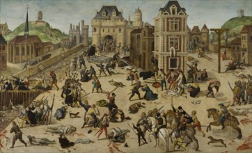 Das Blutbad der Bartholomäusnacht, Gemälde von François Dubois, um 1584, Bartholomäusnacht, Pariser Bluthochzeit, Massacre de la Saint-Barthélemy, war ein Pogrom an französischen Protestanten, den Hug...