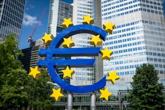 Frankfurt, Germany - July 2019: Euro Sign at European Central Bank (ECB), the central bank for the euro