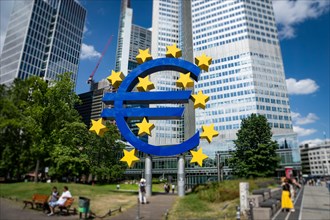 Frankfurt, Germany - July 2019: Euro Sign at European Central Bank (ECB), the central bank for the euro