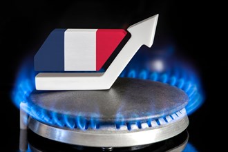 Gas price. Rise in gas prices in France. A burner with a flame and an arrow up, painted in the colors of the France flag. The concept of rising gas or