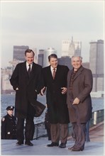 Photograph of President Reagan and Vice-President Bush meeting with General Secretary Gorbachev on Governor's Island... 198596