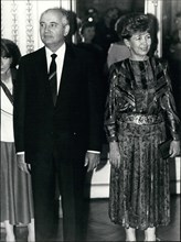 Oct. 03, 1985 - Mr. Gorbachev and his wife waiting for guests at dinner at the Elysee Palace in Paris.
