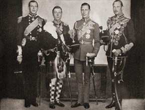 Four of the five sons of King George V.  From left to right, Prince George, Duke of Kent, 1902-1942, naval and air force officer.  Edward, 1894 - 1972.  King Edward VIII, later Duke of Windsor.  Princ...