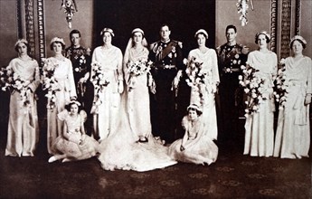 Photograph of the wedding of Prince George, Duke of Kent (1902-1942) and Princess Marina of Greece and Denmark (1906-1968). Also pictured is Prince Albert Frederick Arthur George (1895-1952) and Princ...