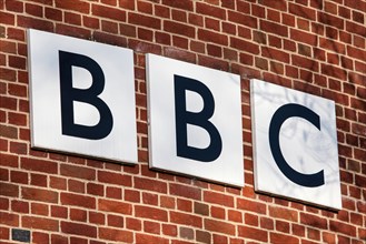 NORWICH, UK - JANUARY 17TH 2017: The BBC logo on the exterior of their BBC East headquarters at The Forum in Norwich, UK.
