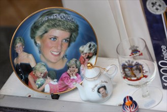 A Princess Diana plate pictured for sale in a charity shop window in West Sussex, UK.