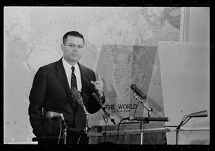 Secretary of Defense Robert McNamara answers questions on the Cuban situation at a press conference, Washington, DC, 10/23/1962. Photo by Marion S. Trikosko.