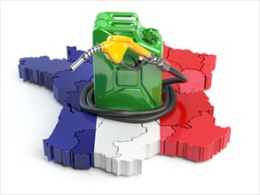 Gasoline and petrol consumption and production in France. Map of France with jerrycan and gas pump nozzle. 3d illustration