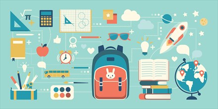 Back to school and childhood objects and icons: education, creativity and learning concept