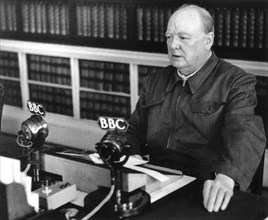 Churchill broadcasting news on the BBC that the British successes in the Western Desert, including El Alamein, had reduced the German threat. Oct 1942
