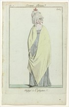 "negligee à L'Iphigénie. Dress with high waist to shoulders a long scarf. Accessories: pleated hat with floral pattern, flat shoes with pointed nose. The picture is part of the fashion magazine Journa...
