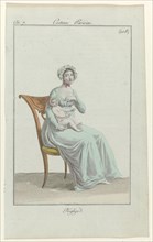 A woman is feeding her baby. Morning gown with long sleeves. Accessories: hat trimmed with wrinkled fabric strip, flat shoes with pointed noses. The picture is part of the fashion magazine Journal des...