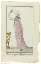 'Cornette à la Paysane'. Fichu trimmed with tassels and beads, "the grains Muguet. Dress with drag and geometric zigzag pattern. Folding fan. The picture is part of the fashion magazine Journal des Da...