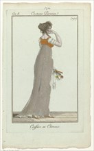 Simple hairstyle. with ringlets and curled lokjes. Gown with short sleeves and drag. In his left hand a fan, flowers and long gloves. flat shoes with pointed noses. The picture is part of the fashion ...