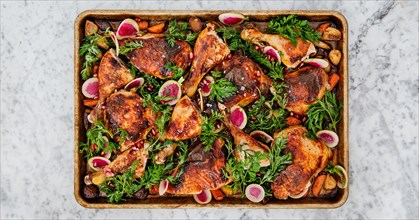 Roasted Chicken with carrots, radishes, and pomegranate