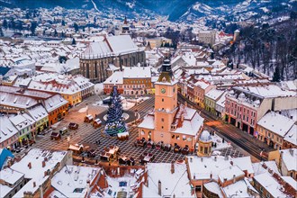 Brasov, Romania. Aerial view of the old town square during Christmas.