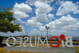 PANAMA CITY, PANAMA - Feb 29, 2020: World famous Biomuseo sign overlooking Panama CIty on beautiful afternoon.