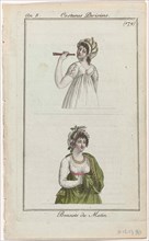 Journal des Dames et des Modes, Costume Parisien, 11 décembre 1799, An 8 (179) : Bonnets du Matin.Two women's bustles, above or among each other, with hats for the morning: 'Bonnets du Matin'. Above: ...