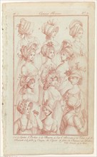 Journal of Ladies and Modes, Parisian Costumes, November 27, 1798, An 7, (1): 1 and 2, Hoodies (...). Twelve Women's Busts with Various Hats and Hats in One Frame, Numbered One to Twelve. 1 and 2. Hoo...