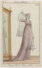 Journal des Dames et des Modes, Costume Parisien, 5 avril 1801, An 9, (292) : Toquet Brodé (...).Standing woman, next to a fitting mirror, with a 'toquet' with embroidery on the head. Veil with flower...