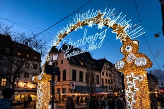 France, Alsace, Bas-Rhin, Strasbourg, Christmas market, by the streets.