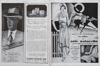 Vintage magazine pages with retro 20's style advertising. Art deco fashion