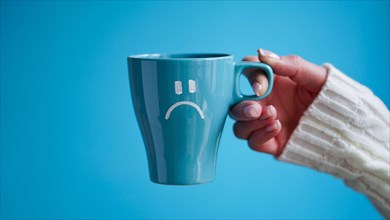 Blue Monday concept. Close-up of a female hand in a white sweater holds a blue cup with a sad smiley as a symbol of the most depressive day of the yea