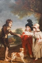 Painting titled "Portrait of Sir Francis Ford's Children Giving a Coin to a Beggar Boy" by William Beechey dated 1793