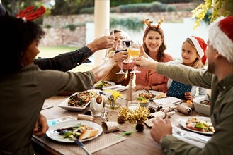 Nothing brings family together like Christmas. a family making a toast on Christmas day.