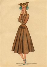 Woman fashion illustration drawing: Sketch of clothes and accessories, Italy 1940s