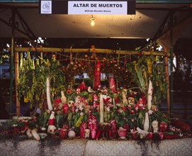 Altar of the dead display carved out of radishes, display at the Noche de los Rabanos festival in the Zocalo Oaxaca Mexico