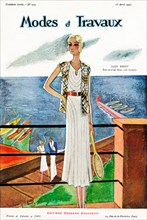 Modes Et Travaux, April 1931 cover of the French fashion magazine, outfit by Jane Regny for a lady on a seaside holiday