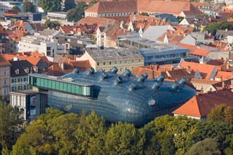 Aerial View of Modern Building of Grazer Kunsthaus (Graz Art Museum) from Schlossberg Hill, Styria, Austria