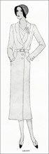 Original 1930s magazine illustration of Paris summer fashion Belted topcoat in white cheviot and patch pocketed by designer Lelong