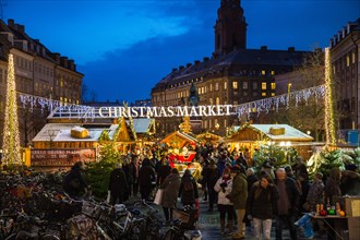 Christmas market in the city center, on Høbro Plads Square. Copenhagen, Denmark, Europe.
