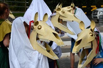 The Mari Lwyd Grey Mare or "Gray Mary" , uses a horse's head as part of  a Welsh midwinter tradition.